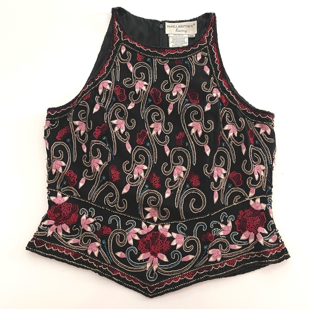 Vintage Papell Boutique Beaded Embroidered Floral Silk Tank Top
